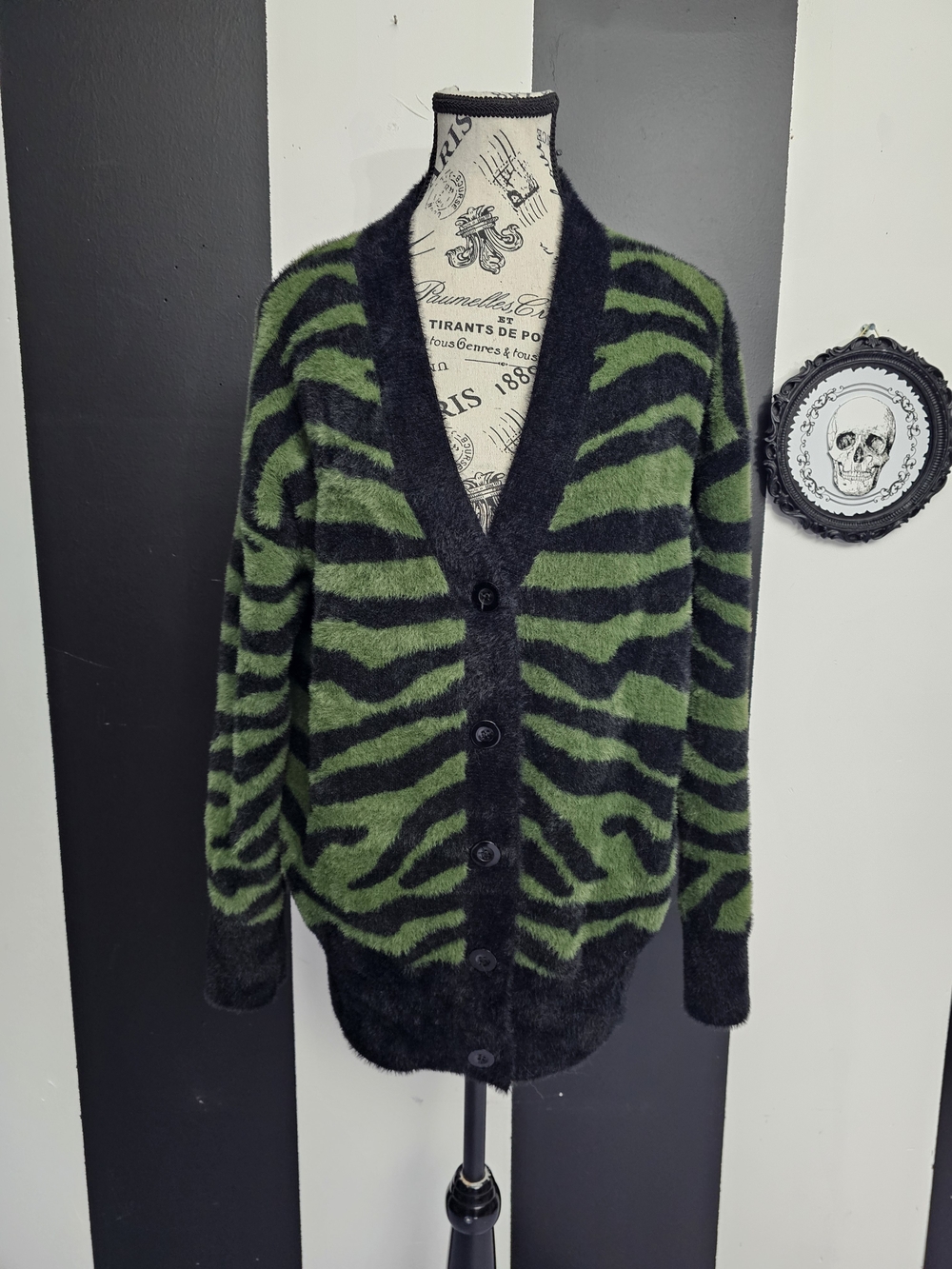 Dolls Kill Black & Green Zebra Mohair-Blend V-Neck Cardigan